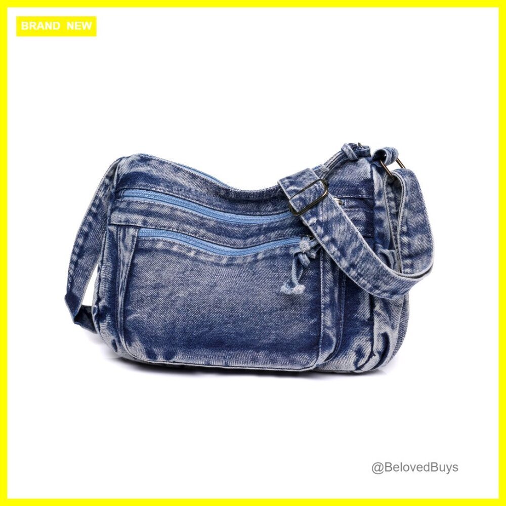 Casual Washed Denim Crossbody Bag - Blue